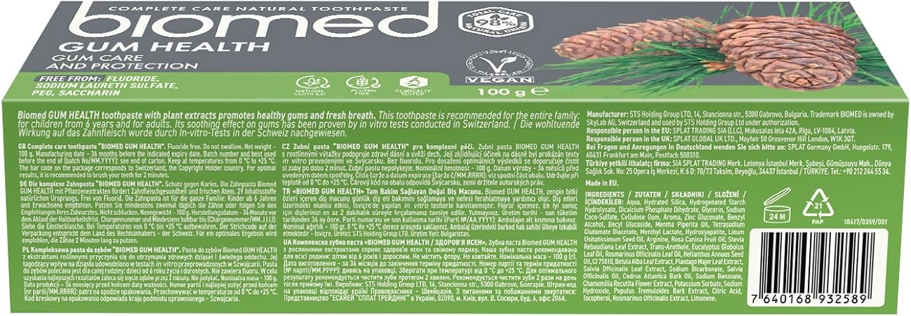  Ingredients list for BIOMED Botanical Fresh Toothpaste with essential oils.