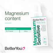 BetterYou Sensitive Magnesium Spray showing ingredients and sensitive skin claim.