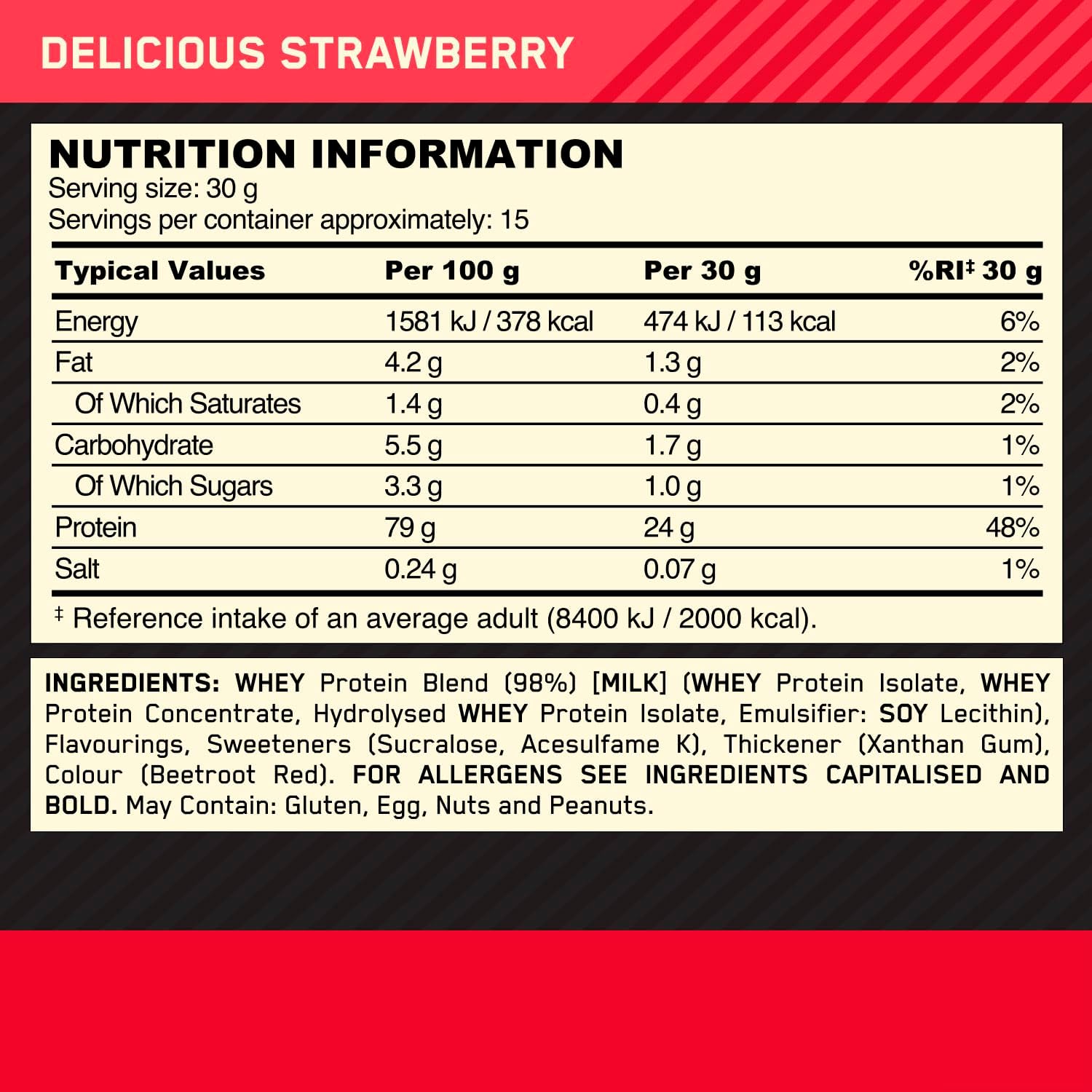 Nutrition information label for a delicious strawberry product with red and black border.