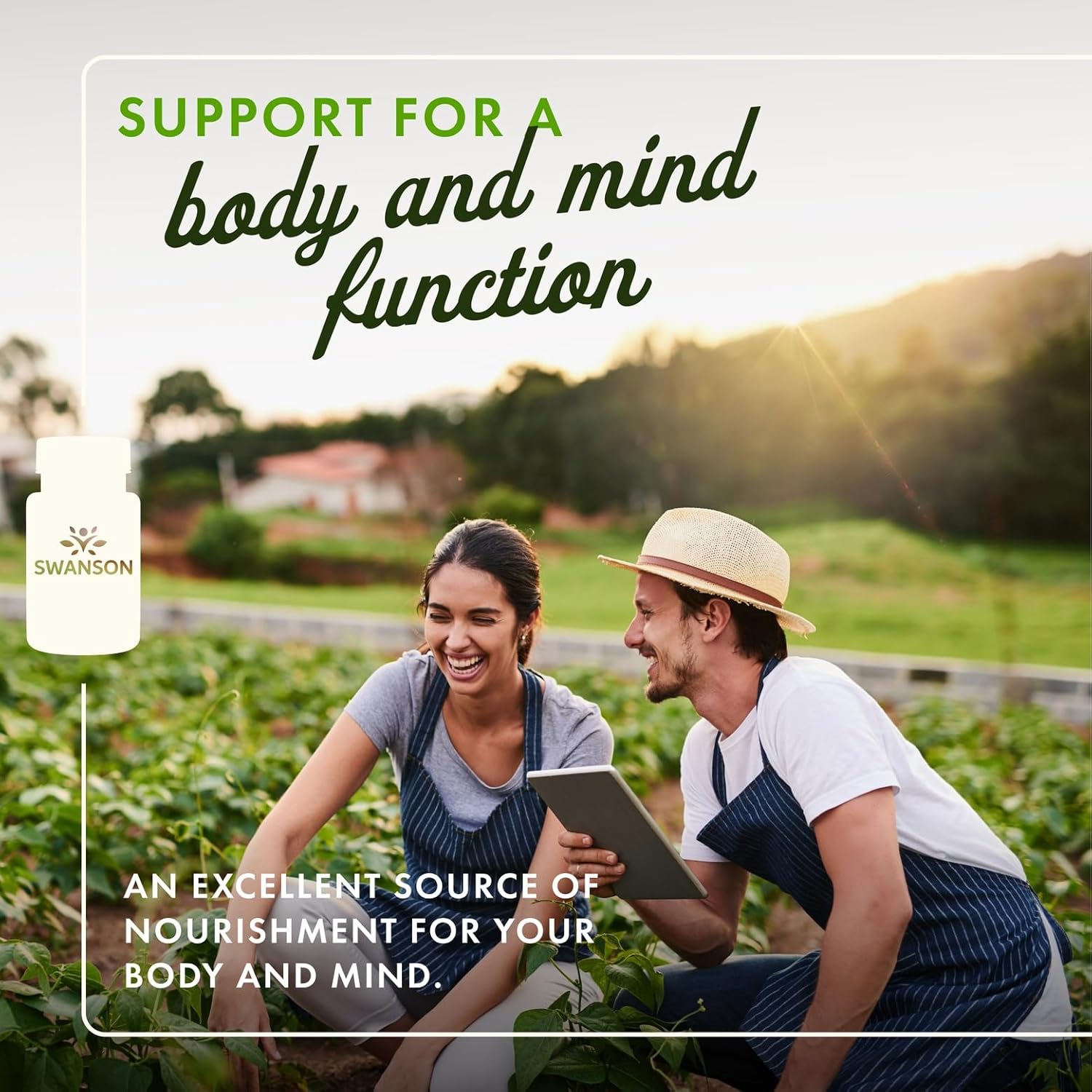 Two people in a garden with a Swanson supplement bottle and text about body and mind function support.