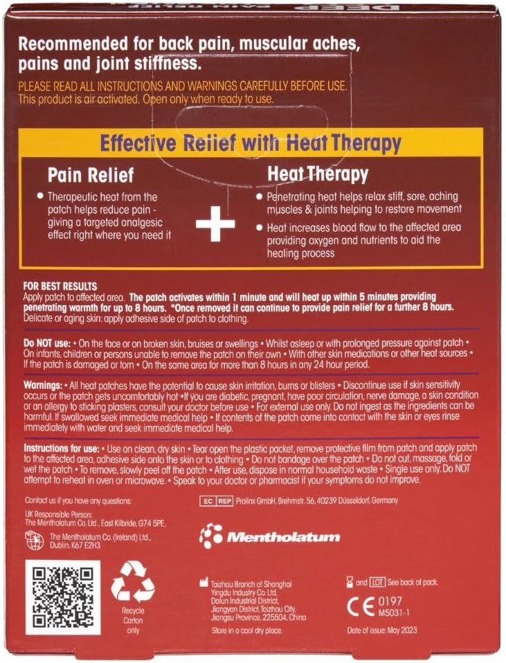 Back of Deep Heat Warming Patch box showing ingredients, usage instructions, and safety information.