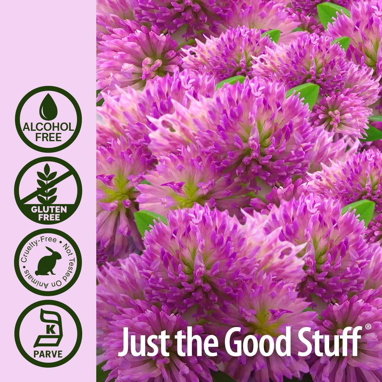 Purple flowers with 'Just the Good Stuff' branding and certification icons on a white background