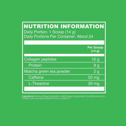 Supplement facts & ingredients image: Vital Proteins Matcha Collagen powder original flavour tub 341g ingredients label