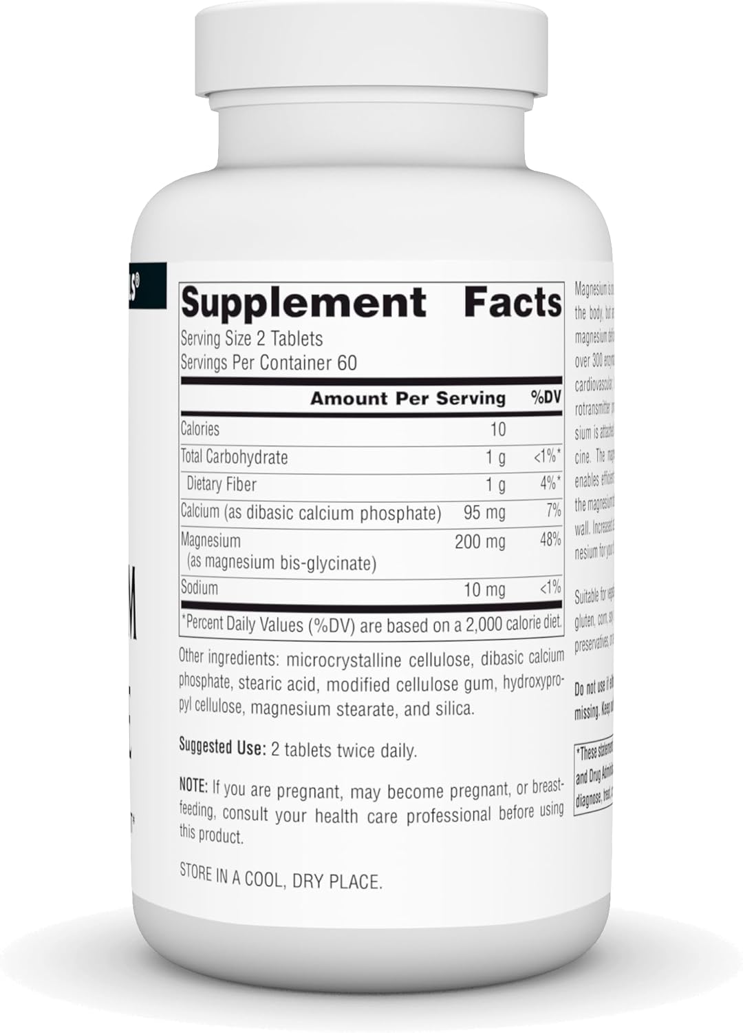 Supplement facts & ingredients image: Source Naturals magnesium glycinate ingredient panel bottle 120 count