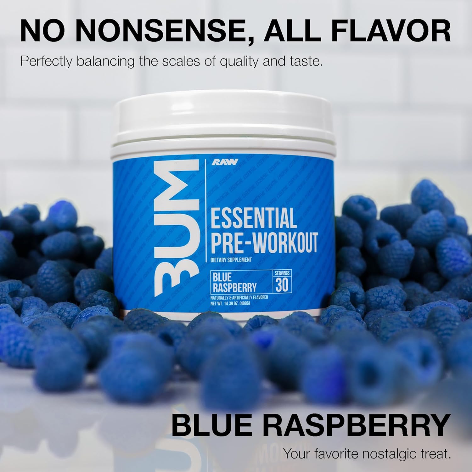 Tub of RAW Nutrition Essential Pre-Workout Powder, Blue Raspberry flavor.