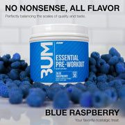 Tub of RAW Nutrition Essential Pre-Workout Powder, Blue Raspberry flavor.