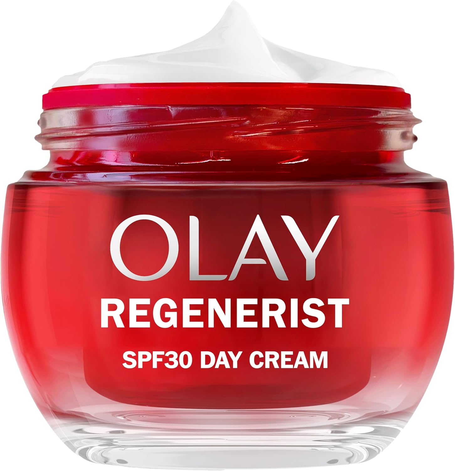 Olay Regenerist Day Cream SPF 30 in a refillable glass jar, 50ml.