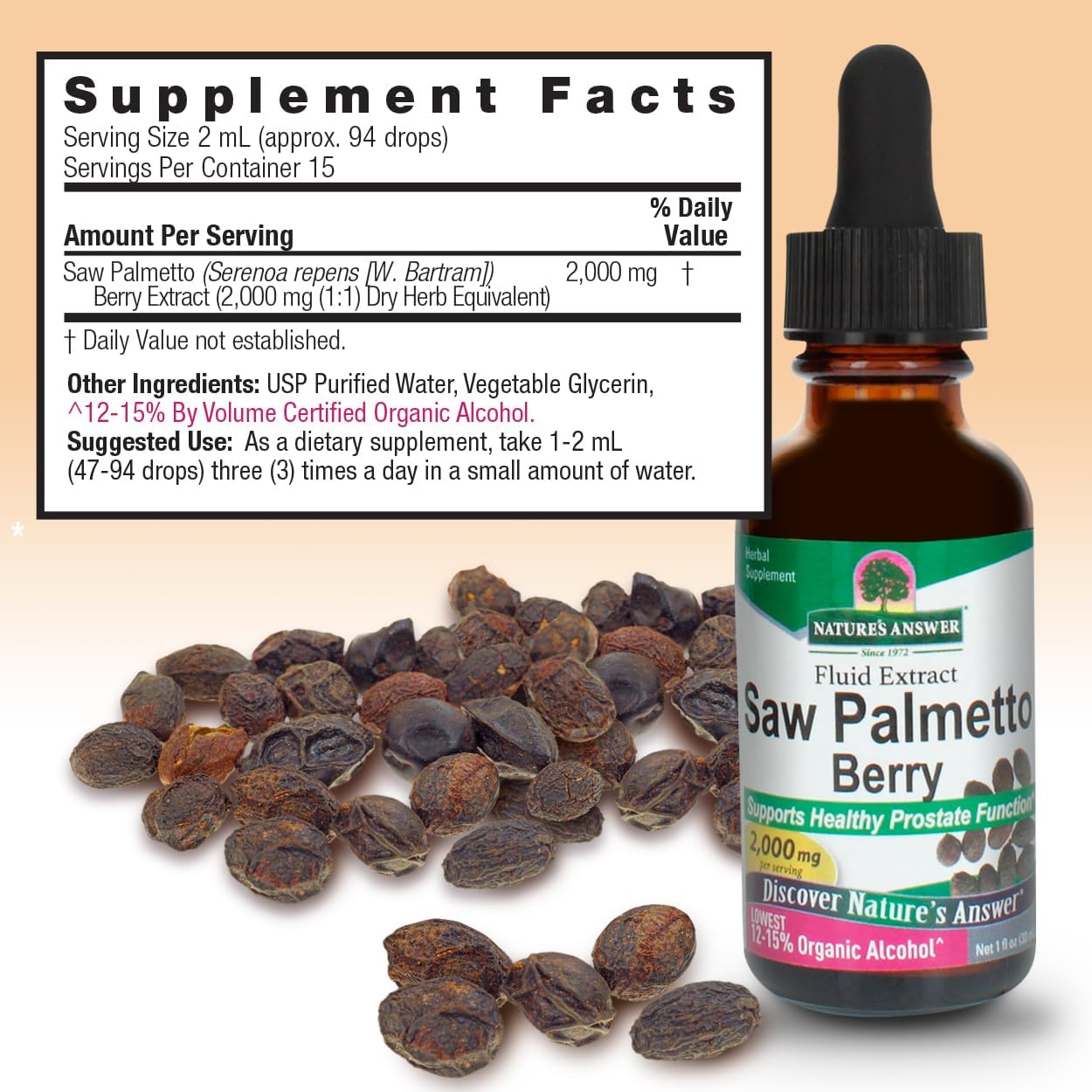 Saw palmetto berry extract bottle with seeds and supplement facts label on a beige background