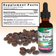 Saw palmetto berry extract bottle with seeds and supplement facts label on a beige background