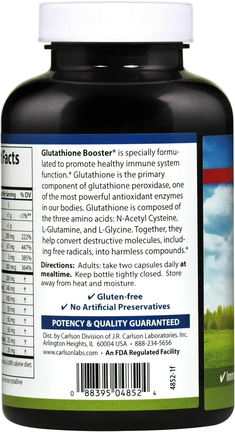 Barcode image & Directions: Carlson Glutathione Booster capsules bottle barcode 180 count