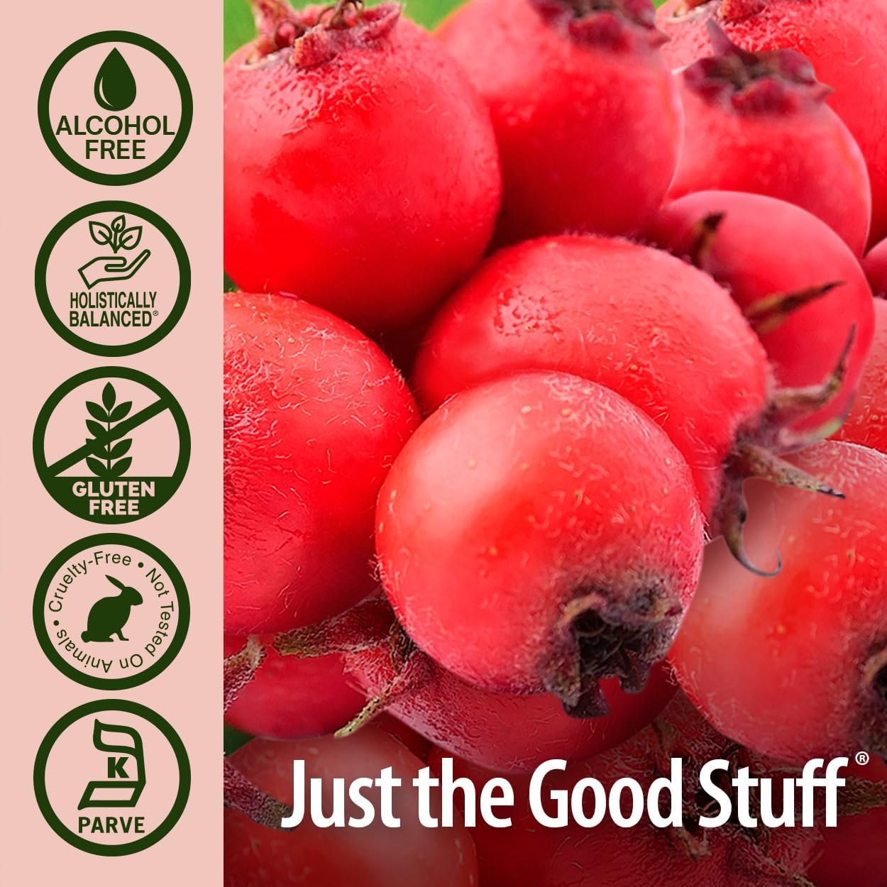 Red berries with 'Just the Good Stuff' branding and certification icons on the left.