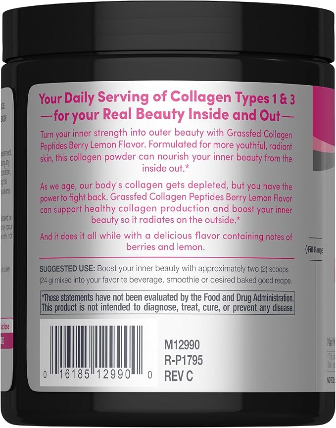 Nutrition label and ingredients, barcode for flavored collagen peptides powder supplement.