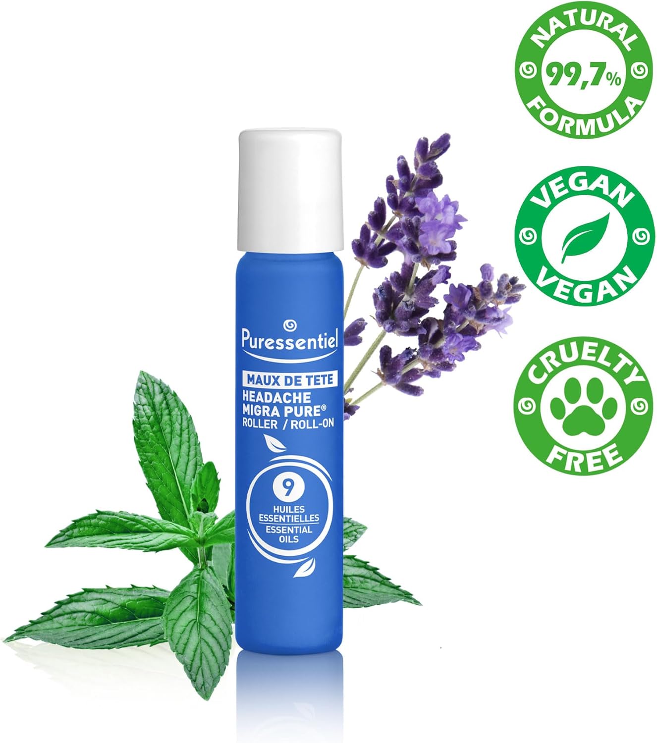 Puressentiel Headache Tension Roll-On bottle, 5ml, with essential oils label.