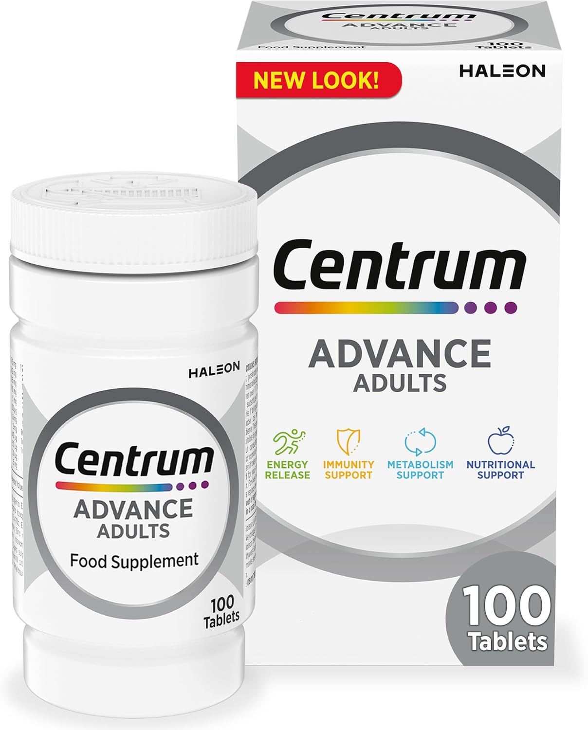 Centrum Advance Adults Multivitamin bottle & box, 100 tablets.