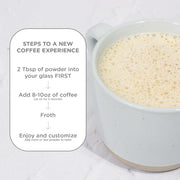 How to Use: Laird Superfood non-dairy creamer with mushrooms mixing instructions 227g on white background