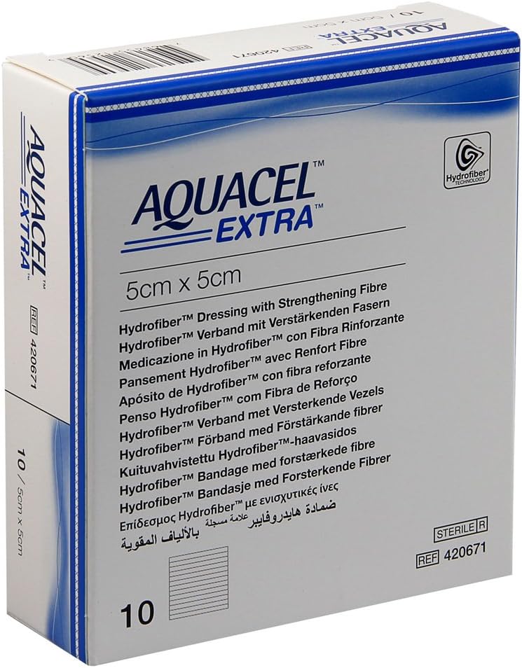 Box of Aquacel Extra Hydrofiber Wound Dressings, 5cm x 5cm, pack of 10.