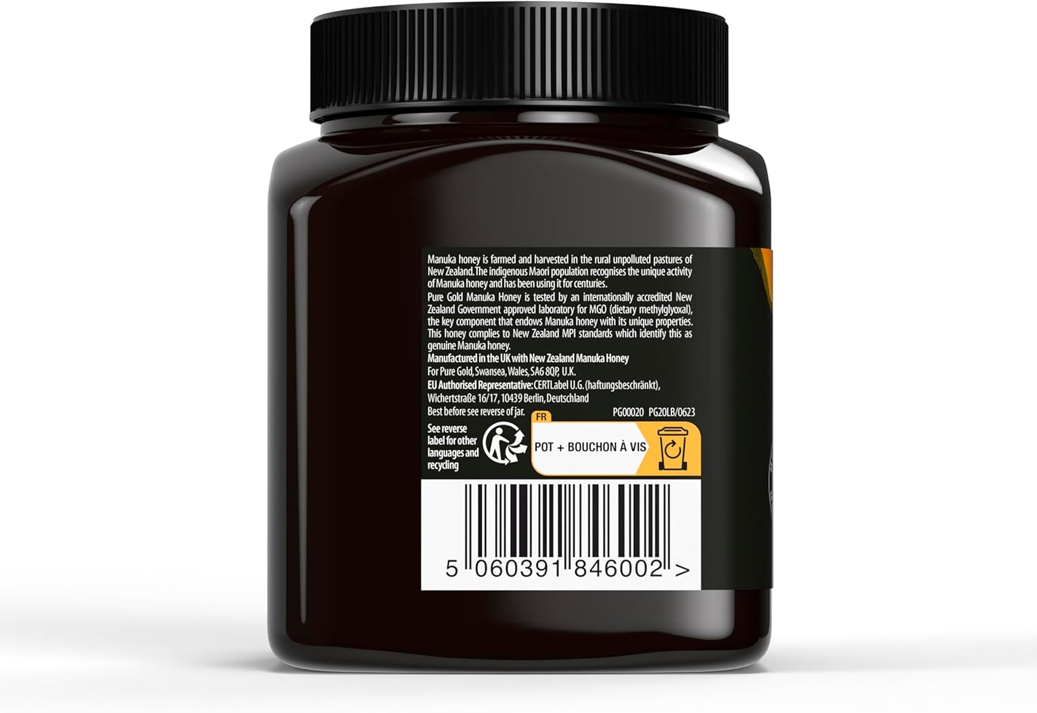 Pure Gold Manuka Honey jar, 525+ MGO, 250g. Supplement facts and barcode.