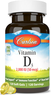 Front image: Carlson Vitamin D3 2000 IU softgels bottle gluten free 120 count