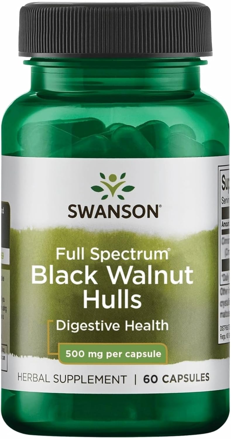 Swanson Full Spectrum Black Walnut Hulls supplement bottle on a white background