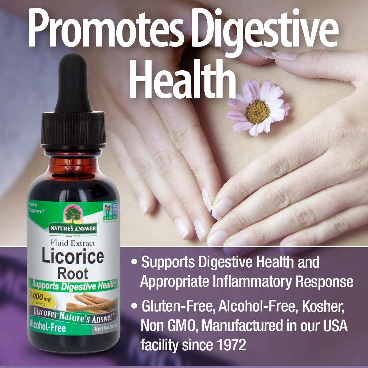 Nature's Answer Licorice Root extract bottle with promotional text about digestive health.