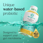 Symprove water-based probiotic bottle with text on a teal background