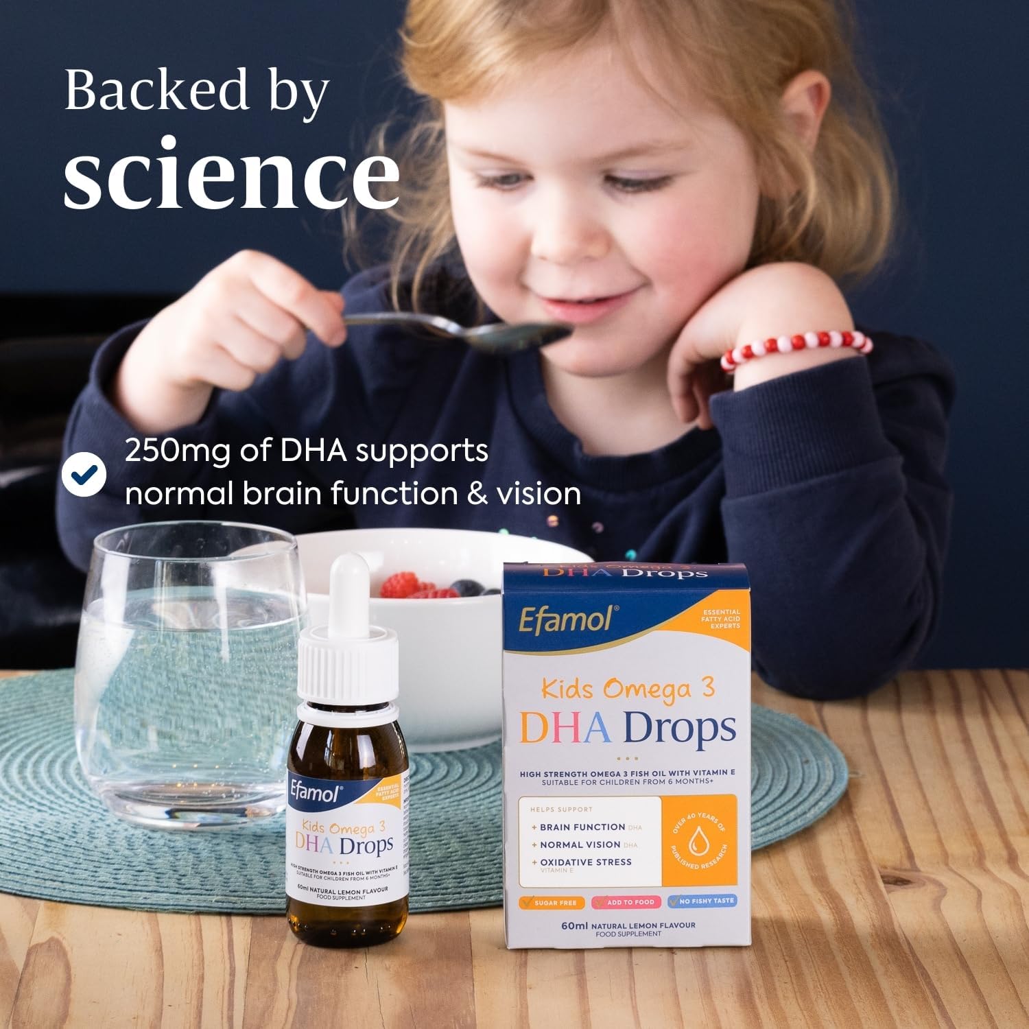 Efamol Kids Omega 3 DHA Drops natural lemon flavour 60ml added to food or drink for children