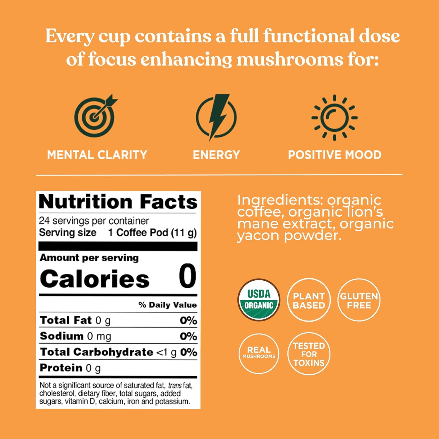 Nutrition facts, ingredients, compatibility, and certifications.