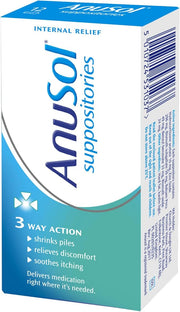 Sealed pack of Anusol Suppositories, 12 count, on a clean background.
