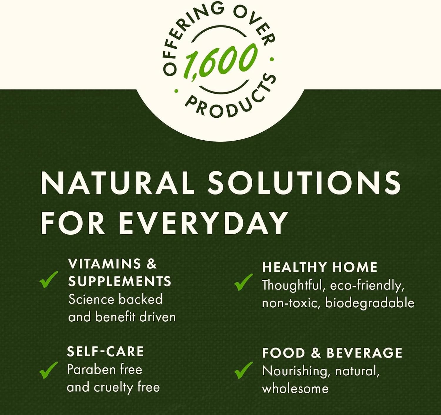 Promotional graphic for a company offering natural solutions with text on a green background.