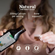 How to Use: Measuring cup filled with Floradix Calcium liquid next to the bottle.