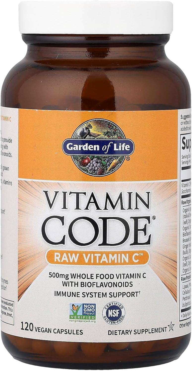 Garden of Life Vitamin Code Raw Vitamin C bottle, 500mg whole food capsules, vegan supplement.