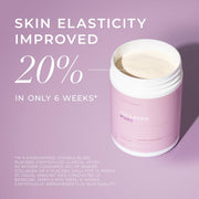 Collagen powder container with text about skin elasticity improvement on a purple background