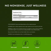 Supplement label with 'No Nonsense, Just Wellness' text on a green background