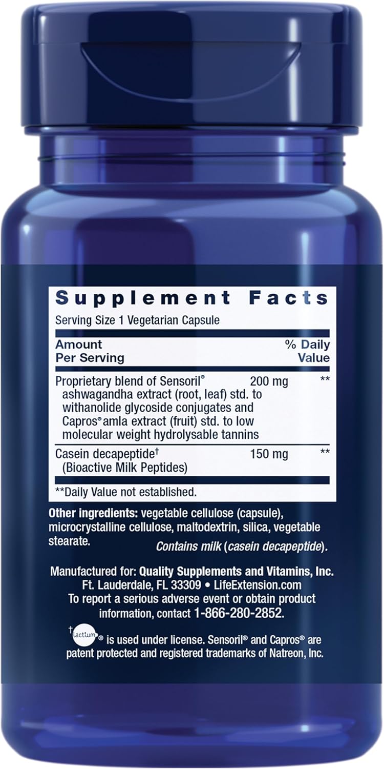 Supplement facts for Life Extension relaxation formula with ashwagandha and milk peptides.