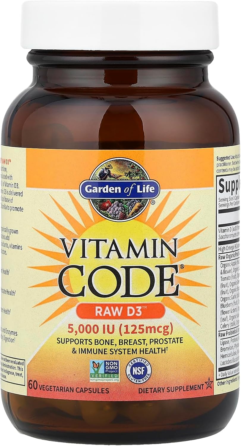 Garden of Life Vitamin D3 5000 IU bottle front view - 60 vegetarian capsules on white background