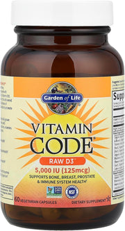 Garden of Life Vitamin D3 5000 IU bottle front view - 60 vegetarian capsules on white background