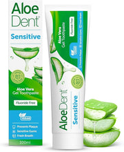 Front Image: Aloe Dent Aloe Vera sensitive toothpaste fluoride free vegan 100ml tube & box