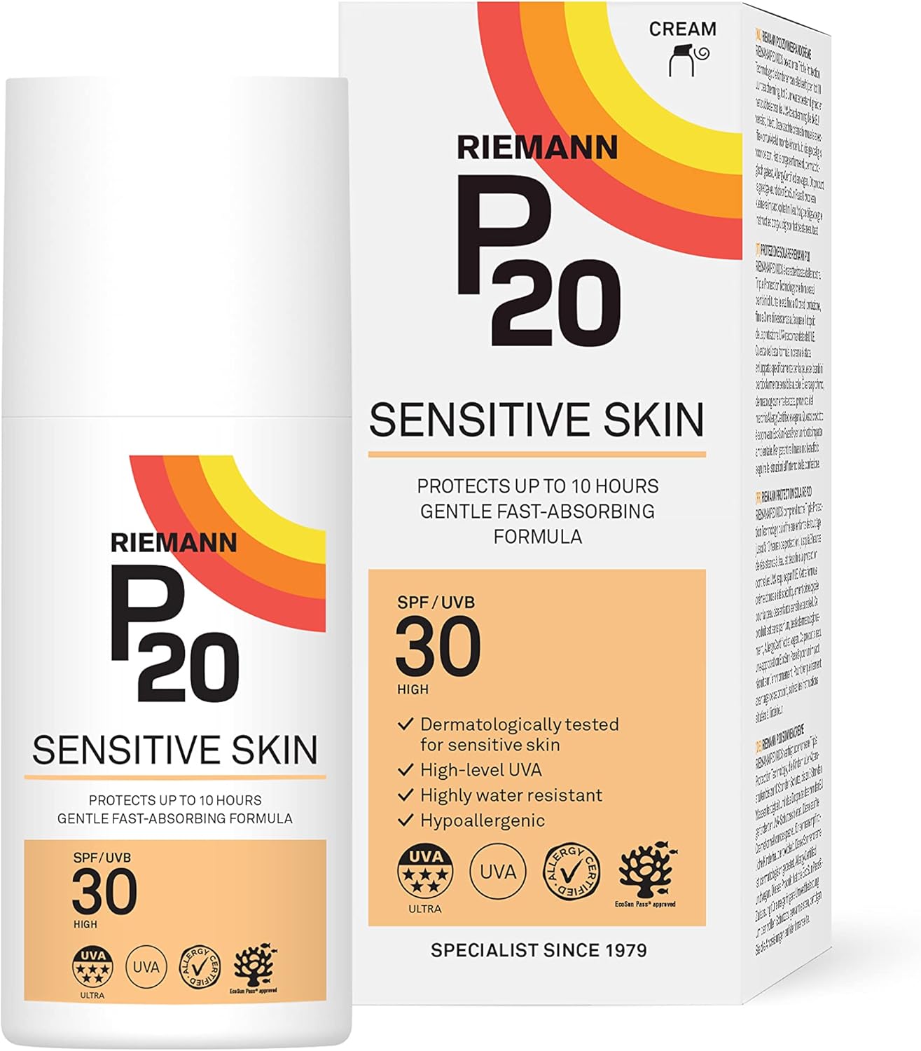 Riemann P20 SPF30 Sensitive Skin Sun Cream tube & box, 200ml, on white background.
