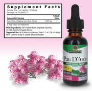 Bottle of Pau D'Arco supplement with pink flowers on a light pink background