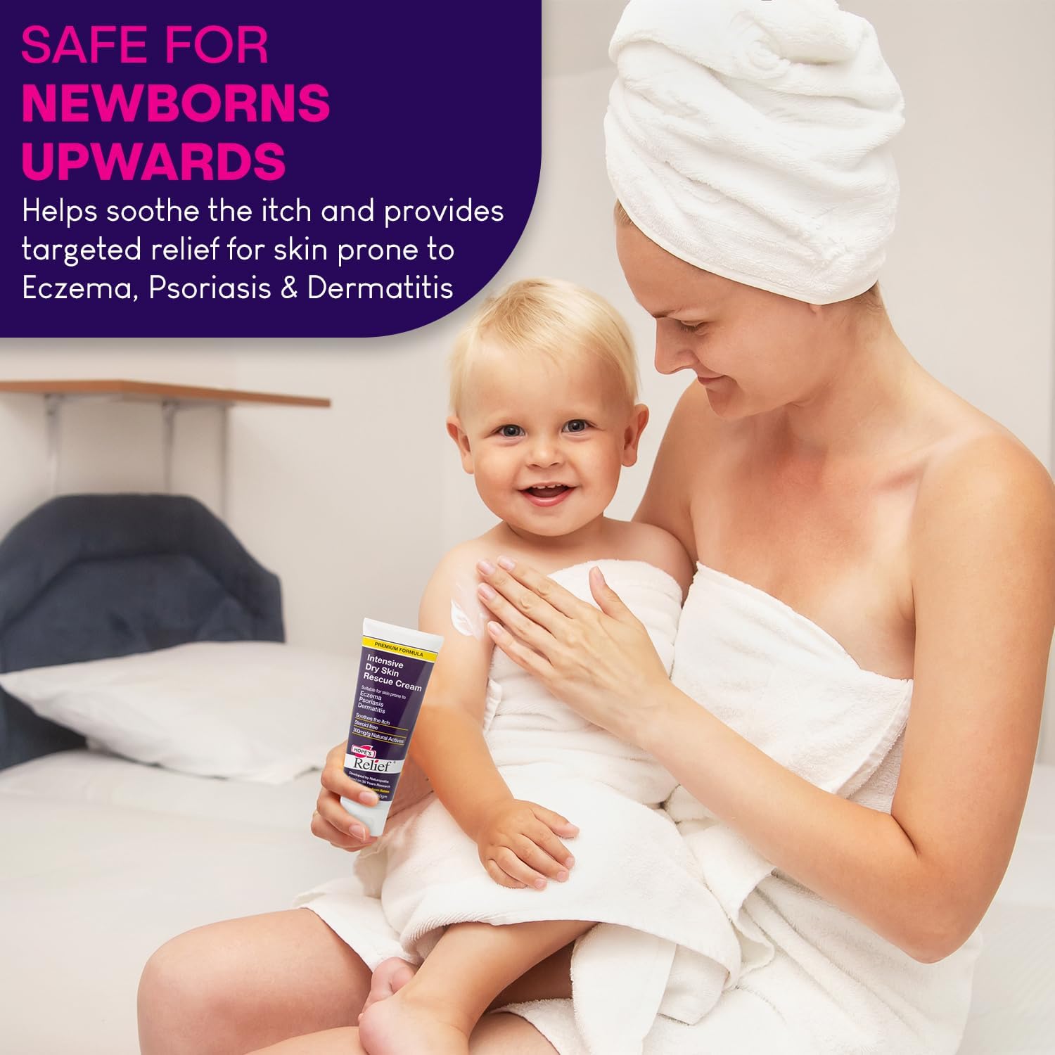 Woman holding a baby and a bottle of cream with text about its safety for newborns and benefits for skin conditions.
