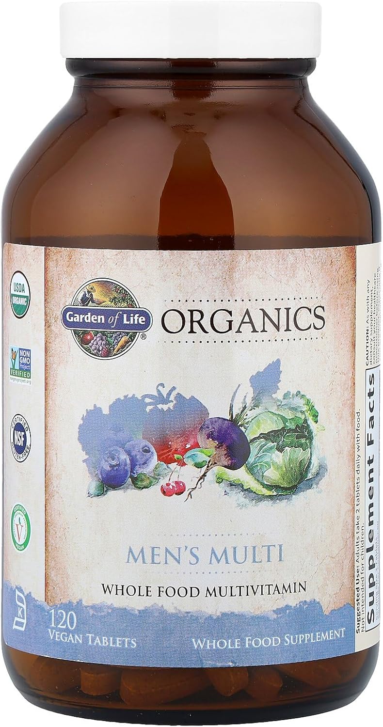 Garden of Life Organics Whole Food Multivitamin for Men bottle, 120 vegan tablets