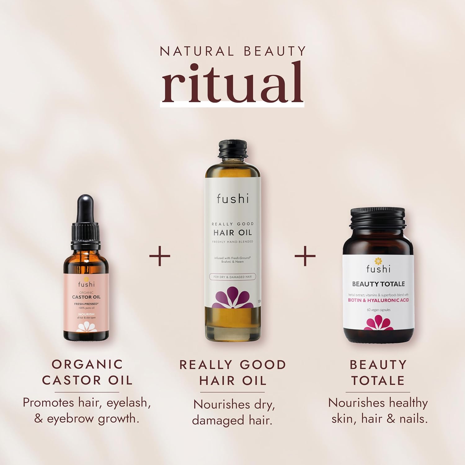 Fushi natural beauty products including castor oil, hair oil, and Beauty Totale on a beige background.