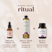 Fushi natural beauty products including castor oil, hair oil, and Beauty Totale on a beige background.