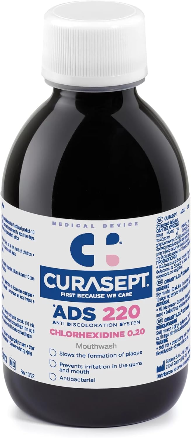 Curasept ADS 220 Oral Care System bottle, 200ml, 0.20% chlorhexidine.