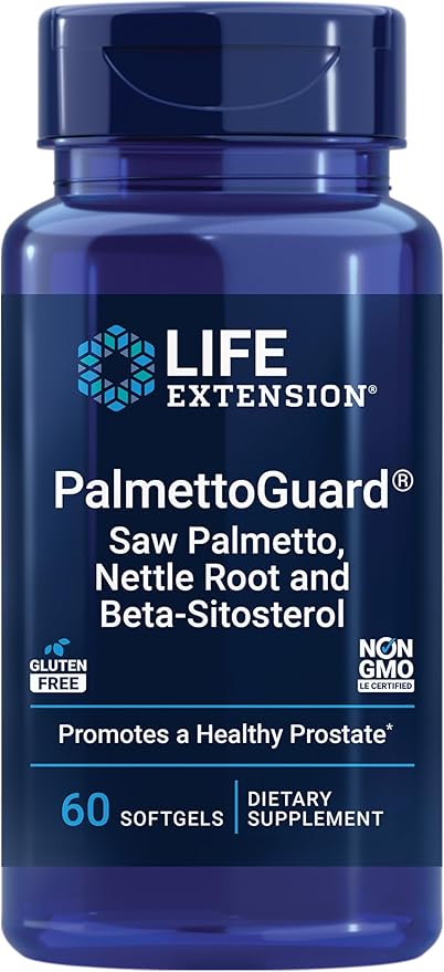 Life Extension PalmettoGuard supplement bottle for men, 60 softgels.