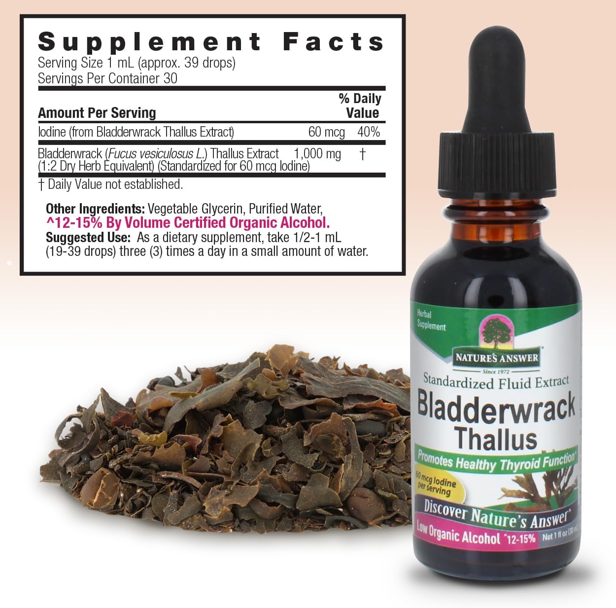 Bladderwrack supplement bottle with dried bladderwrack and supplement facts label.