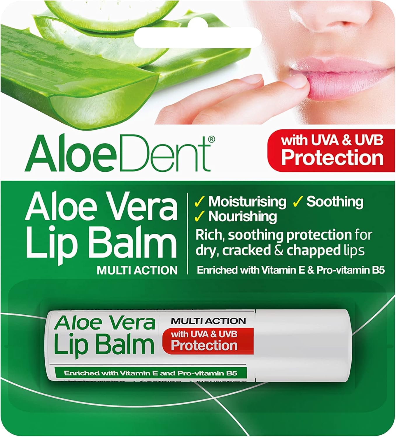 Front Image: Aloe Dent Aloe Vera lip balm stick packaging natural SPF protection 4g