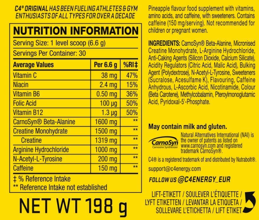 Nutrition label for a supplement with detailed ingredient list and nutritional information.