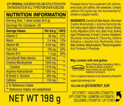 Nutrition label for a supplement with detailed ingredient list and nutritional information.