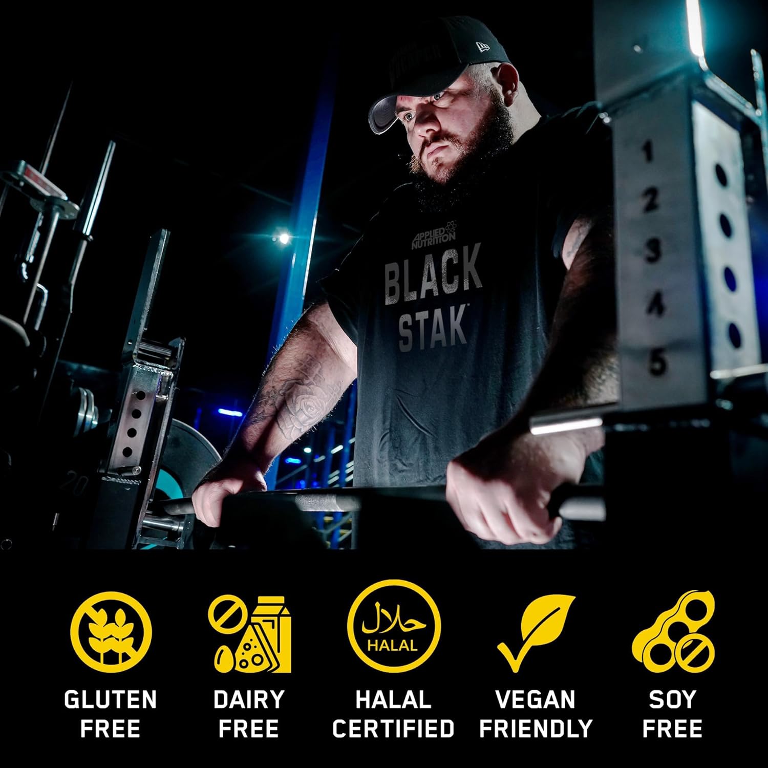 Person lifting weights with certification icons at the bottom